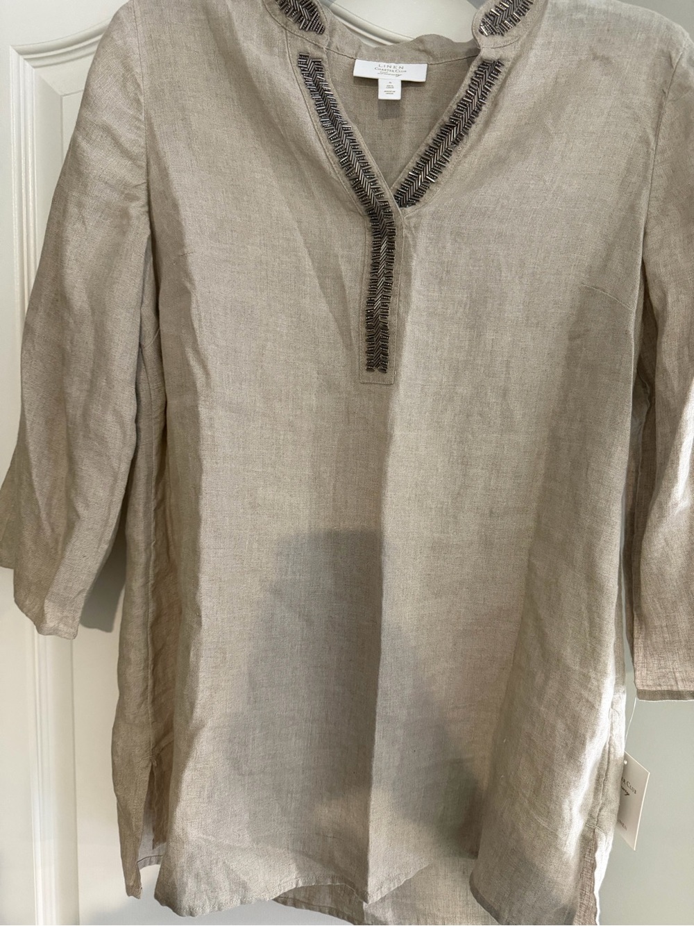 Charter Club Linen V-Neck Tunic with Gunmetal Beaded Trim - Taupe